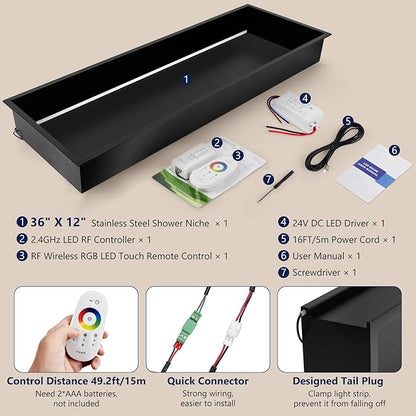36" X 12" RGB LED Shower Niche No Tile Needed, 304 Stainless Steel Shower Niche Insert Tile Ready, Recessed Wall Shelf for Bathroom Storage Organizer with Remote Control, Matte Black