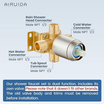 Airuida Shower Faucet Set and Handle Set Single Function Shower Trim Kit Ceiling Mount Rainfall Shower System with Male Threads and Rough-in Valve 10 Inch Square Shower Head Brushed Nickel