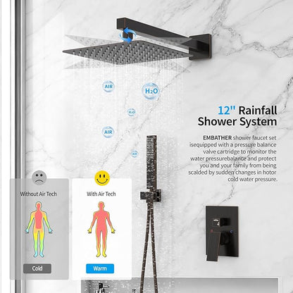 EMBATHER Oil Rubbed Bronze Shower System-12 Inches Shower Faucet Set with Square Rain Shower Head and Handheld High Pressure Shower Combo Set for Bathroom Wall Mounted (Contain Rough-in Valve & Trim)