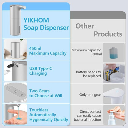 YIKHOM Automatic Liquid Soap Dispenser, 15.37 oz Touchless Dish Dispenser with Waterproof Base, 5 Adjustable Soap Volume Hand Soap Dispenser, Sensor Soap Pump for Kitchen Bathroom Office Hotel