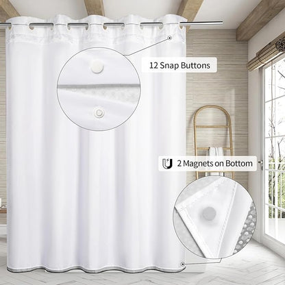 MitoVilla No Hooks Needed Extra Long Shower Curtain Liner Set, 86 inch XL Black Ombre Heavyweight Waffle Fabric Cloth Shower Curtains Set with Snap-in Liner for Modern Luxury Hotel Bathroom Decor