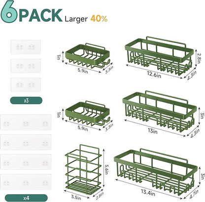 Veken Rustproof & Waterproof Shower Caddy 6-Pack, No Drilling Adhesive Shelves Rack with Soap Holder, Large Capacity Bathroom Organizers and Storage, Wall-Mounted Kitchen & Home Decor, Green