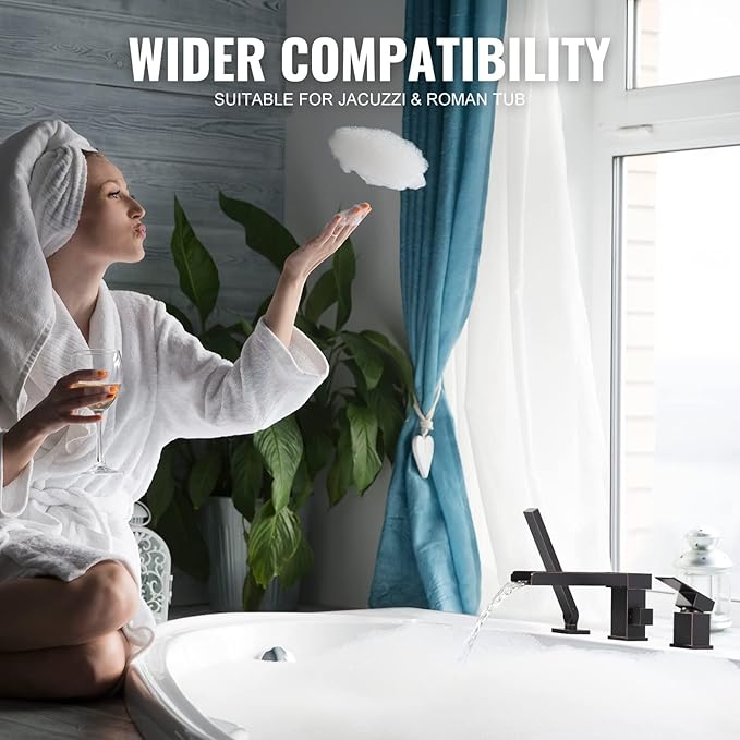 Waterfall Roman Tub Filler Faucet, Deck Mount Bathtub Filler with 360°Swivel Spout, 3 Holes Bathroom Tub Faucet with Sprayer, Oil Rubbed Bronze