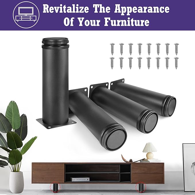 7 Inch Metal Furniture Legs Stainless Steel Adjustable Legs Black Metal Legs Round Cabinet Legs for Coffee Table Cabinet Desk Sofa Shelves, Pack of 4