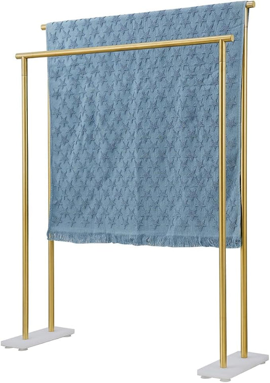 JQK Bath Towel Bar Free Standing Gold, 30 Inch Stand Double Towel Rack Holder Shelf for Bathroom Floor, Brushed Gold, BTH120L30-WG