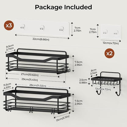 Orimade Shower Caddy Basket Shelf,3-Pack Adhesive Shower Organizer with Soap Dish Holder, No Drilling Wall Mounted Rustproof Stainless Steel Shower Shelves with 7 Hooks,for Bathroom,Matt Black