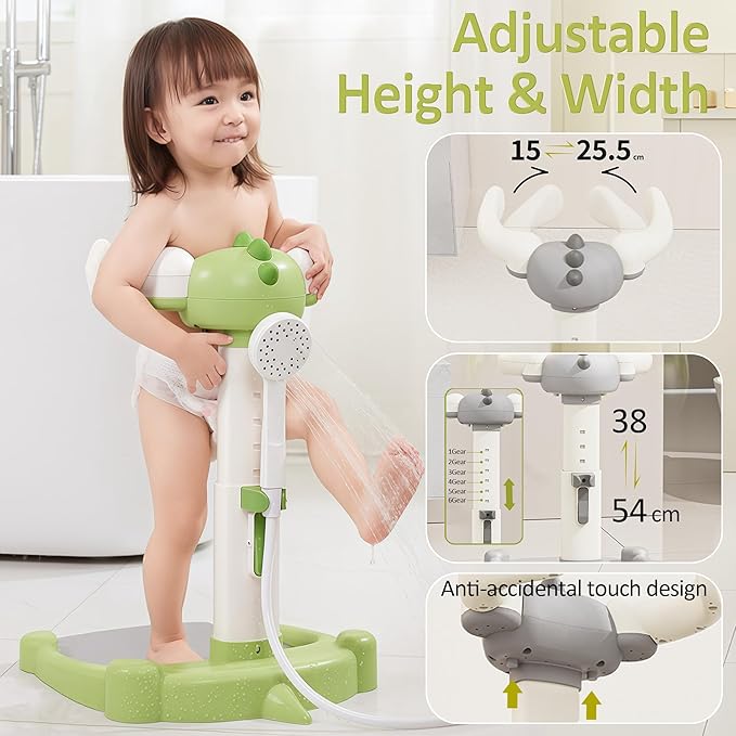 Baby Shower Stand, Baby Standing Bath with Anti-Pinch Adjustable Height and Armrest, Shower Standing Support with Anti-Slip Base and Mat for Infants 6-36 Months -Green