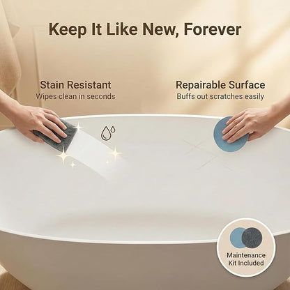 Cpingao 55" Stone Resin Freestanding Bathtub, Oval Contemporary Soaking Tubs, Solid Surface Stand Alone Tub with Drain & Integrated Slotted Overflow Matte White 8845-1400