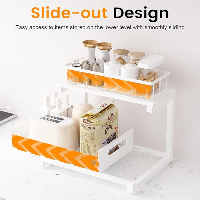 2 Pack Under Sink Organizer, Heavy Duty Metal Slide Out Sink Shelf Organizer Height Adjustable, Multi-Purpose Storage Shelf for Kitchen Bathroom (White,2Pack)