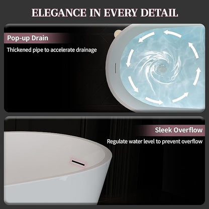 ABRUZZO 55" Acrylic Freestanding Bathtub - Deep Soaking Tub with Pop-Up Drain & Overflow, Glossy White Standalone Bathtub for Modern Bathroom, Fiberglass Reinforced Construction