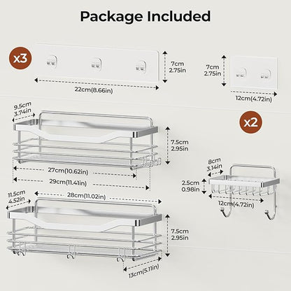 Orimade Shower Caddy Basket Shelf,3-Pack Adhesive Shower Organizer with Soap Dish Holder, No Drilling Wall Mounted Rustproof Stainless Steel Shower Shelves with 7 Hooks,for Bathroom