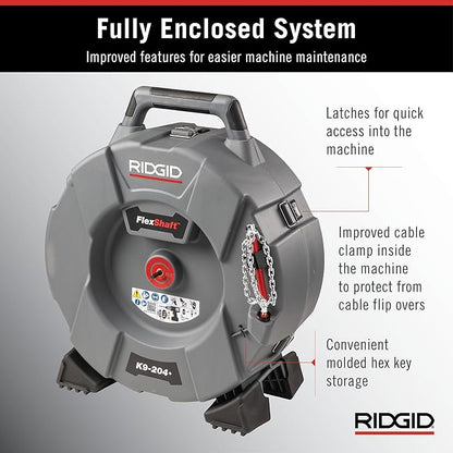 RIDGID 76198 FlexShaft K9-204+ Drain Cleaning Machine for 2" to 4" Pipe, Professional Wall-to-Wall Drain Cleaning Machine with 70' of 5/16" FlexShaft Cable