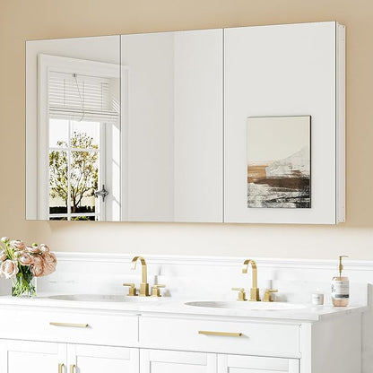 Keonjinn 60 x 32 Inch Medicine Cabinet, Assembly Required, White Bathroom Medicine Cabinets Mirror, Lightweight, Adjustable Shelves, Surface Mount or Recessed, Tempered Glass