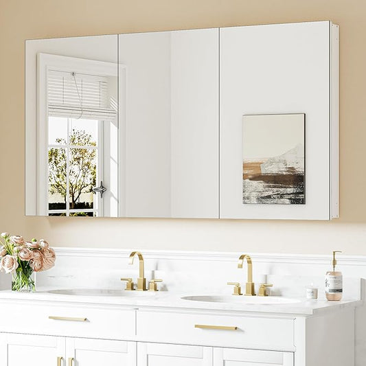 Keonjinn 60 x 32 Inch Medicine Cabinet, Assembly Required, White Bathroom Medicine Cabinets Mirror, Lightweight, Adjustable Shelves, Surface Mount or Recessed, Tempered Glass