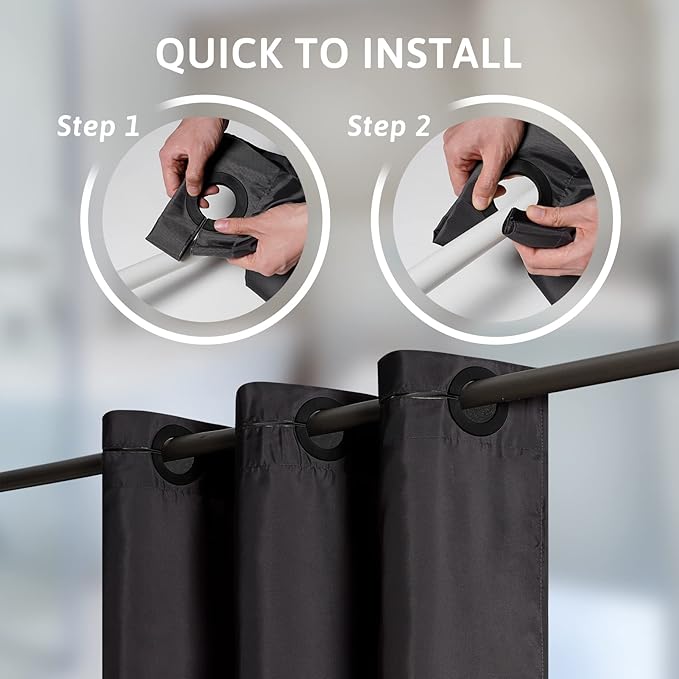 Furlinic No Hooks Needed Black Shower Curtain or Liner,Polyester Fabric Bathroom Curtains with 6 Split Grommets,Waterproof & Machine Washable,Stall Size,48x78 Inch