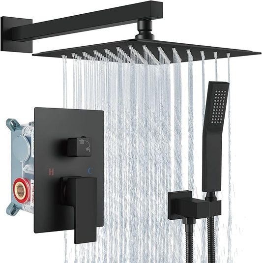 Aolemi Shower Faucet Set Rain Shower System with Handheld Spray Bathroom Shower Combo Rough-in Valve and Shower Trim Kit Included Matte Black 10 Inch Wall Mount Shower Head