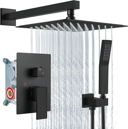 Aolemi Shower Faucet Set Rain Shower System with Handheld Spray Bathroom Shower Combo Rough-in Valve and Shower Trim Kit Included Matte Black 12 Inch Wall Mount Shower Head