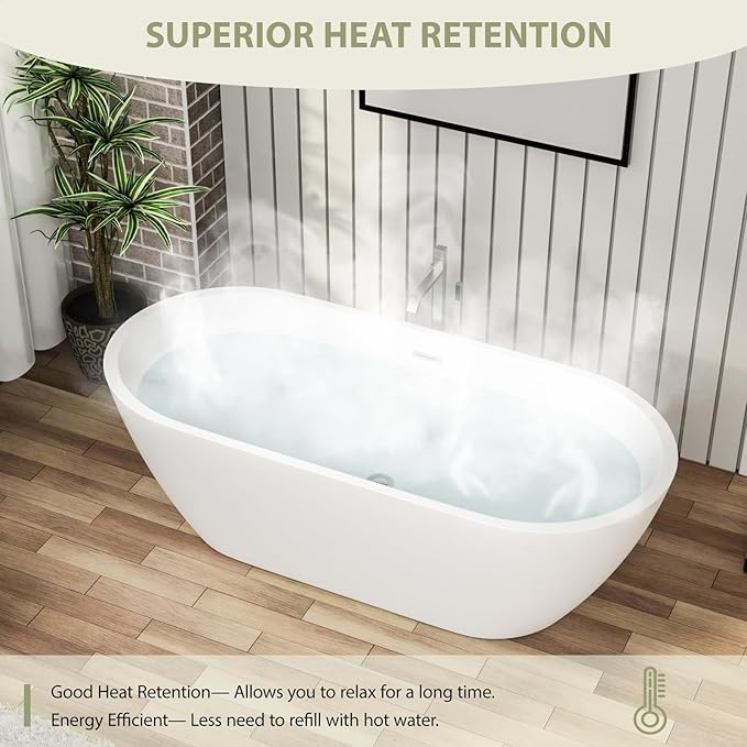 67" Acrylic Freestanding Bathtub - Mocoloo White Oval Shape Soaking Bath Tub with Stainless Drain and Overflow Assembly for Classic Modern Bathrooms