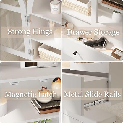 BLANKSPACE Bathroom Curved Wall Cabinet with Drawer, Over The Toilet Organizer for Bathroom White Storage Cabinet with Glass Door and Soft Closing
