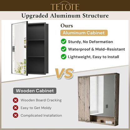 TETOTE 16" x 24" Medicine Cabinet with Beveled Mirror Black Framed Recessed Medicine Cabinet for Bathroom with Stepless Adjustable Shelves Wall-Mounted