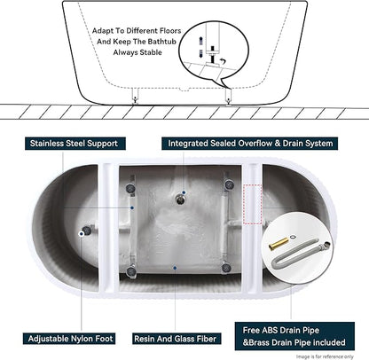 FerdY Nami 67" Acrylic Freestanding Bathtub, V Shape Freestanding Soaking Acrylic Bathtub, Modern White, cUPC Certified, Brushed Nickel Pop-Up