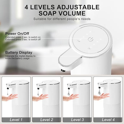 GuDoQi Automatic Touchless Liquid Soap Dispenser, 4-Level Adjustable Foam, USB Rechargeable Hand Soap Dispenser for Bathroom, Kitchen Countertops, 12.2oz/360mL, White