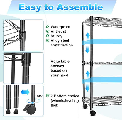 Whitmor 3 Tier Storage Shelves, Heavy Duty with Wheels, Adjustable Wardrobe Rack, 400 lbs Capacity per Shelf, Max 1200 lbs Total for Kitchen, Bathroom, Garage, 24" L x 14" W x 30.5" H, Black