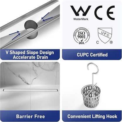 Linear Shower Drain 30", Brushed Floor Drain with Tiled Insert Grate & Hair Strainer, 304 Stainless Steel Bathroom 2-in-1 Tiled in Drain, CUPC Certified (Brushed, 30'')