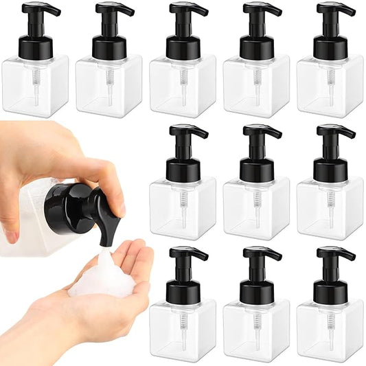 Domensi 12 Pcs Foam Pump Bottle Foaming Soap Dispenser Empty Travel Foaming Dispenser 8.5 oz Refillable Hand Soap Plastic Pump Bottle Travel Essentials Clear Container for Bathroom Vanities (Black)