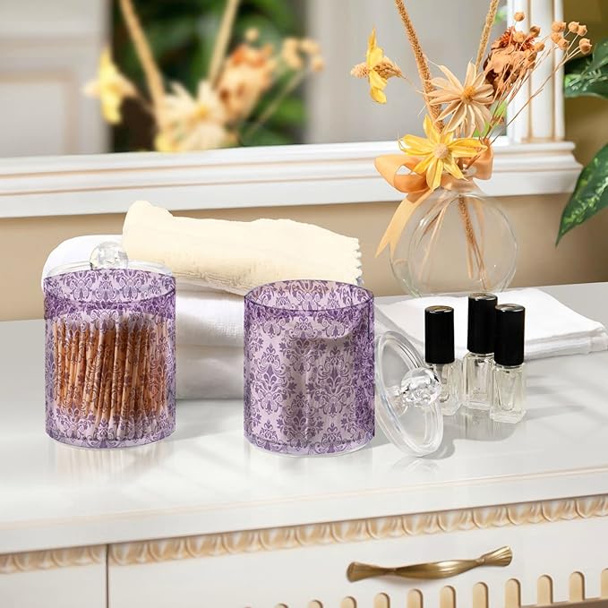 MNSRUU 2 Pack Qtip Holder Organizer Dispenser Purple Morden Floral Bathroom Storage Canister Cotton Ball Holder Bathroom Containers for Cotton Swabs/Pads/Floss