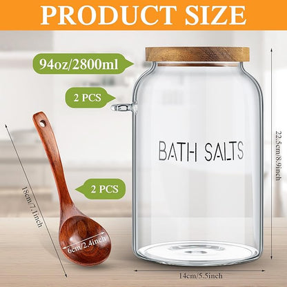2 Pcs 94 oz Bath Salts Glass Jar with Wooden Lid, Bath Salt Container with Scoop, Airtight Storage Bathtub Accessories for Women