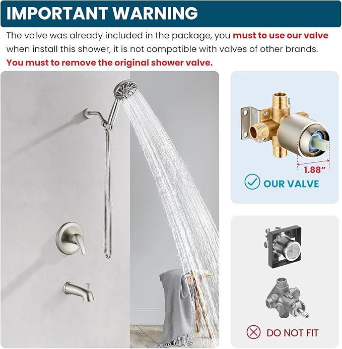 gotonovo Bathroom Shower Head Kit High Pressure Combo System Shower Faucet 6 Modes ABS Handheld Spray Shower Trim Kit Valve Included Shower Head and Handle Set Brushed Nickel