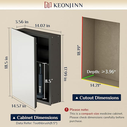 Keonjinn Small Black Medicine Cabinet 14.5 x 18.5 Inch, Assembly Needed, One Shelf Only, Bathroom Mirrored Medicine Cabinet, Lightweight, Freely Adjustable Shelves, Recessed or Wall Mount