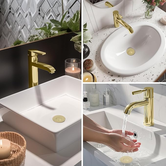 Hibbent 2 Pack Upgraded 3 in 1 Bathroom Sink Drain Strainer, Universal Pop Up Stopper with Removable Stainless Steel Filter Basket Hair Catcher, Sink Plug for 1.1''~2.36'' Basin, Brushed Gold