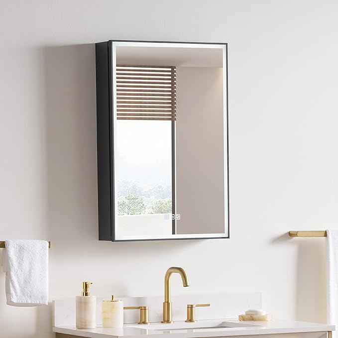 WELLFOR 20" X 30" LED Mirrored Medicine Cabinet, Medicine Cabinets with Lights for Bathroom, Defogging Function Mirror Cabinet, Bathroom Medicine Cabinet with USB Port & Outlet, Right Opening Doors