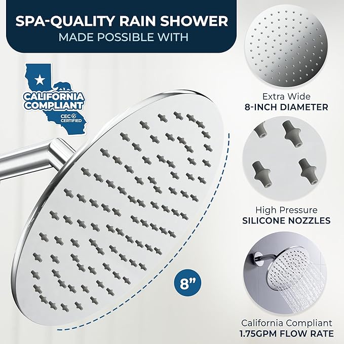 HammerHead Showers® Solid Metal 8 Inch Rainfall Shower Head – CHROME - Shower Head Rainfall - 1.75 GPM High Flow Shower Head Optimized for Pressure – Large Round Rain Shower Heads