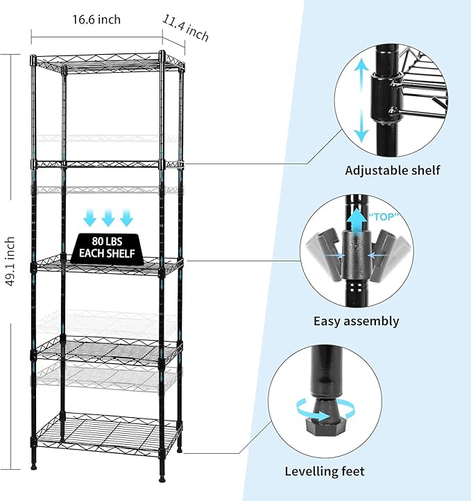 5-Tier Wire Shelving Adjustable Shelves Unit Metal Storage Rack for Laundry Bathroom Kitchen Pantry Closet Organization (Black, 16.6" L x 11.4" W x 49.1" H)