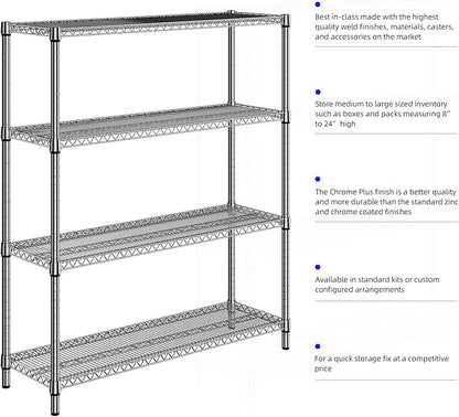 1760 LBs 4 Tier Storage Rack Metal Wire Shelving Unit, Storage Standing Shelf Organizer for Laundry Bathroom Kitchen Pantry Garage Utility Room, Chrome 17.7" D x 59.1" W x 70.4" H