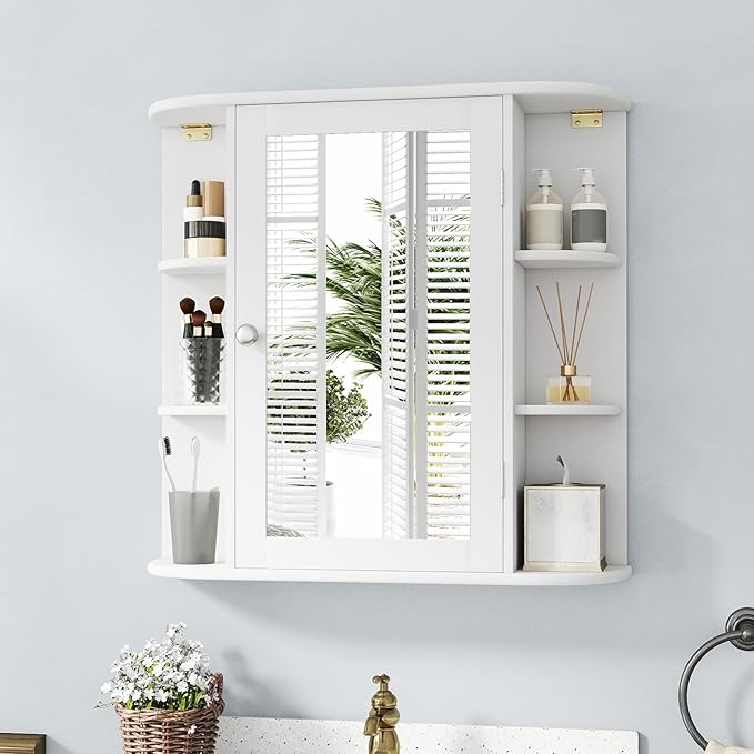 RELAX4LIFE Bathroom Wall Cabinet with Mirror - Medicine Cabinet w/Door & Open Shelves, Over The Toilet Storage Cabinet Organizer, Mirrored Bathroom Cabinet Wall Mount (White)