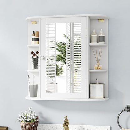 RELAX4LIFE Bathroom Wall Cabinet with Mirror - Medicine Cabinet w/Door & Open Shelves, Over The Toilet Storage Cabinet Organizer, Mirrored Bathroom Cabinet Wall Mount (White)