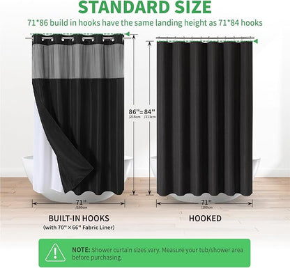 Extra Long No Hooks Needed Linen Textured Shower Curtain with Snap-in Fabric Liner Set,Black Hotel Luxury Decor Shower Curtains for Bathroom,Waterproof & Washable,71Wx86H
