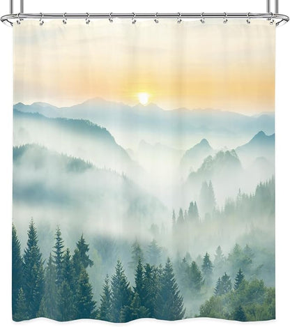 Riyidecor Misty Mountain Shower Curtain 60Wx72H Inch Green Spring Scenery Sunrise Foggy Smokey Tree Nature Pine Scenic Woodland Greenery Bathroom Decor Fabric Polyester Waterproof 12 Pack Hooks