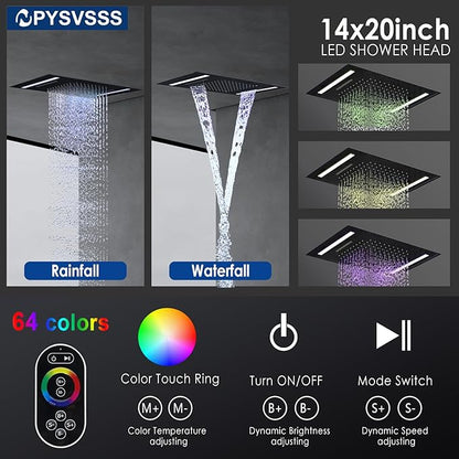 Dual Rain Shower Head Thermostatic Luxury Spa Shower System And Ceiling Mount 14x20 Inch LED 4 Functions with 6 Inch Wall Head Shower Faucet Set,Matte Black