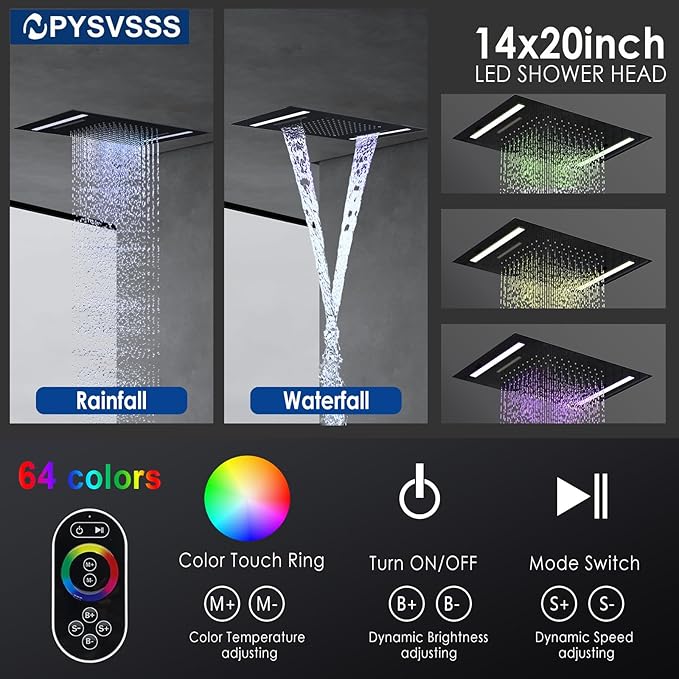 Multi Full Body Thermostatic Luxury Spa Shower System And 14x20 Inch LED 4 Functions Faucet Set, Rainfall Spray Waterfall Can Be Turned On Simultaneously,Matte Black