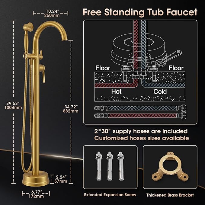 Free Standing Tub Faucet, Wintap Brass Antique Freestanding Bathtub Filler with Handheld Sprayer Max 6.6GPM/60PSI Classic Brushed Gold WT-9811BG