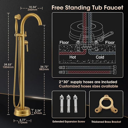 Free Standing Tub Faucet, Wintap Brass Antique Freestanding Bathtub Filler with Handheld Sprayer Max 6.6GPM/60PSI Classic Brushed Gold WT-9811BG