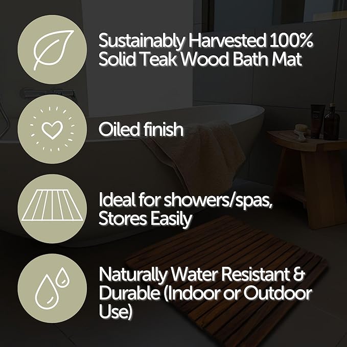 Nordic Style Premium Teak Shower and Bath Mat for Indoor and Outdoor Use - Non-Slip Wooden Platform for Spa, Sauna, Pool, Hot Tub - Flooring Decor and Protector (24" x 24", Oiled Finish)