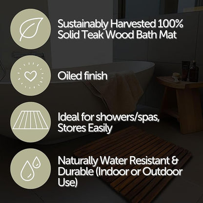 Nordic Style Premium Teak Shower and Bath Mat for Indoor and Outdoor Use - Non-Slip Wooden Platform for Spa, Sauna, Pool, Hot Tub - Flooring Decor and Protector (24" x 24", Oiled Finish)