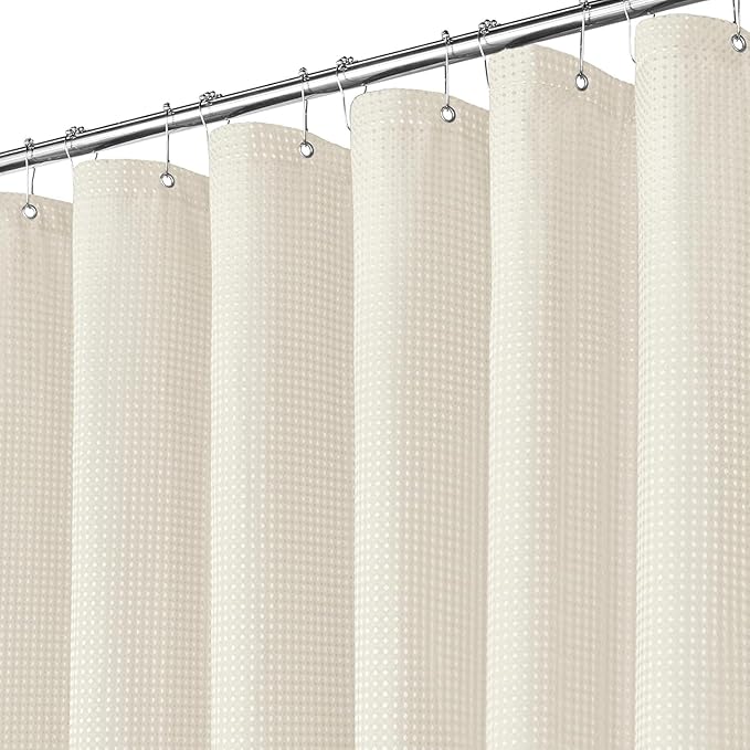 Inhousolu Fabric Shower Curtain Waffle Weave, 230 GSM Heavy Duty, Weighted Hem, 14 Metal Hooks, Water Repellent, Machine Washable, Hotel Spa Luxury Bath Curtain Set, 72 x 96 Inch, Ivory