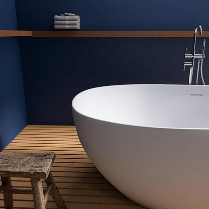 67" Stone Resin Freestanding Bathtub, Oval Solid Surface Bathroom Freestanding Tub, Thin Edge Stand Alone Tub with Integrated Slotted Overflow and Pop-up Drain, Matte White 302-170